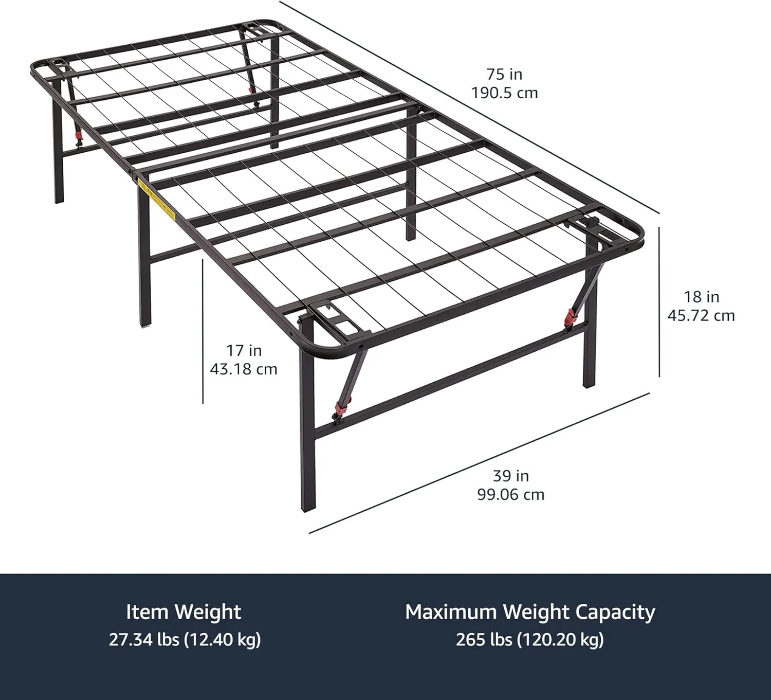 Amazon Basics Bed Frame with Storage, Foldable Metal Platform, Sturdy Steel, No Box Spring Needed, 18 inches High, Tool-Free Setup, Twin Size, Black