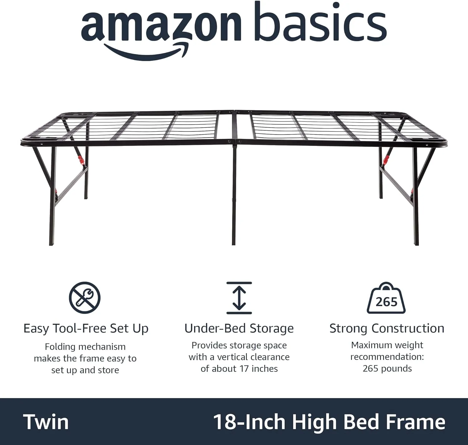 Amazon Basics Bed Frame with Storage, Foldable Metal Platform, Sturdy Steel, No Box Spring Needed, 18 inches High, Tool-Free Setup, Twin Size, Black