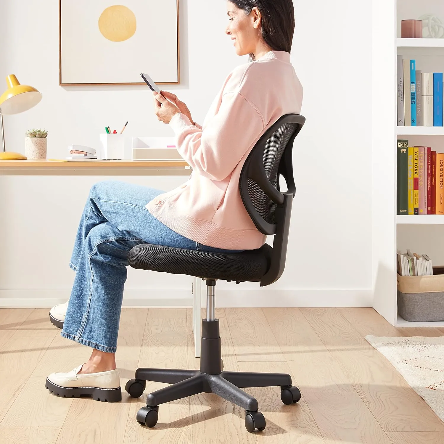 Amazon Basics Rolling Desk Chair, Adjustable, Low Back, Padded Seat, Breathable Mesh, Swivel, Black, 21.25" D x 22.5" W x 38" H