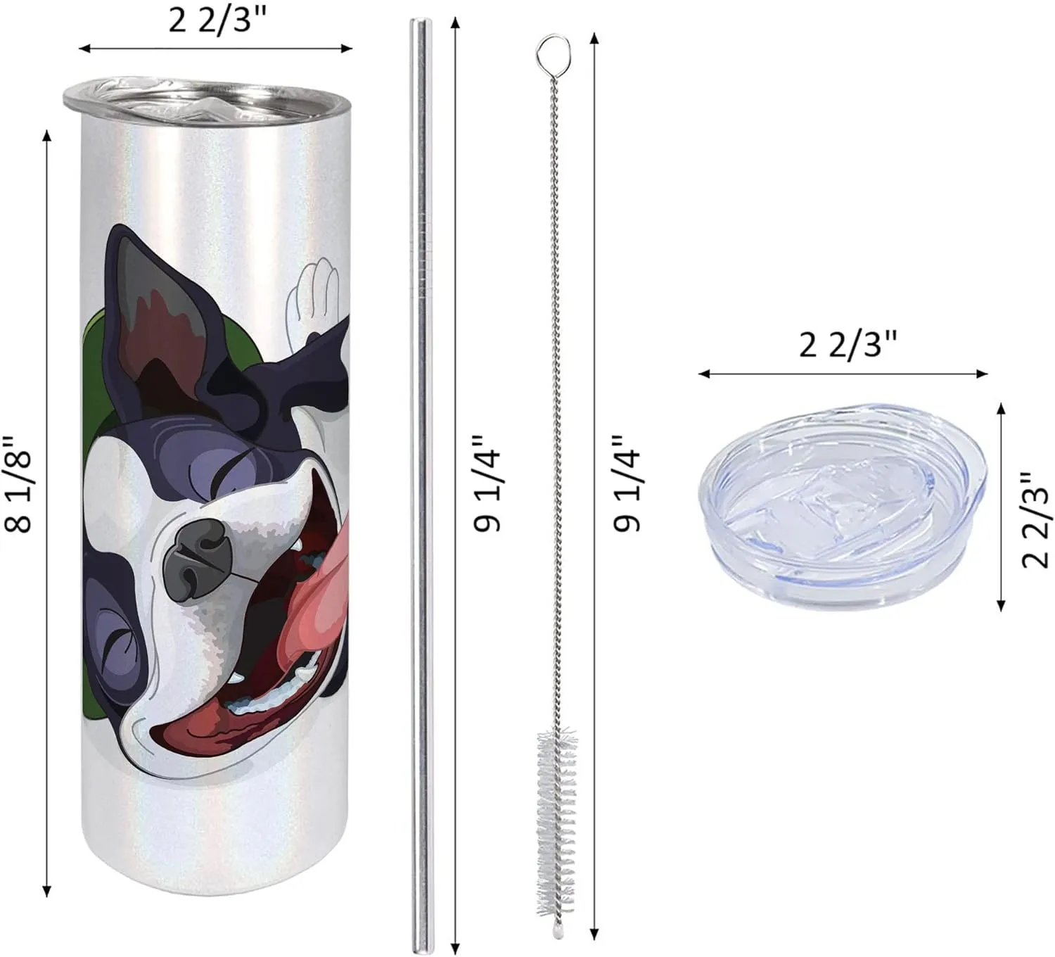 Ambesonne Boston Terrier 20 Oz Skinny Tumbler, Cheerful Happy Terrier Breed with Green Hat Rolling Around and Laughing, Leak-Proof Straw Lid and Brush Vacuum Insulated for Outdoor Use, Yellow