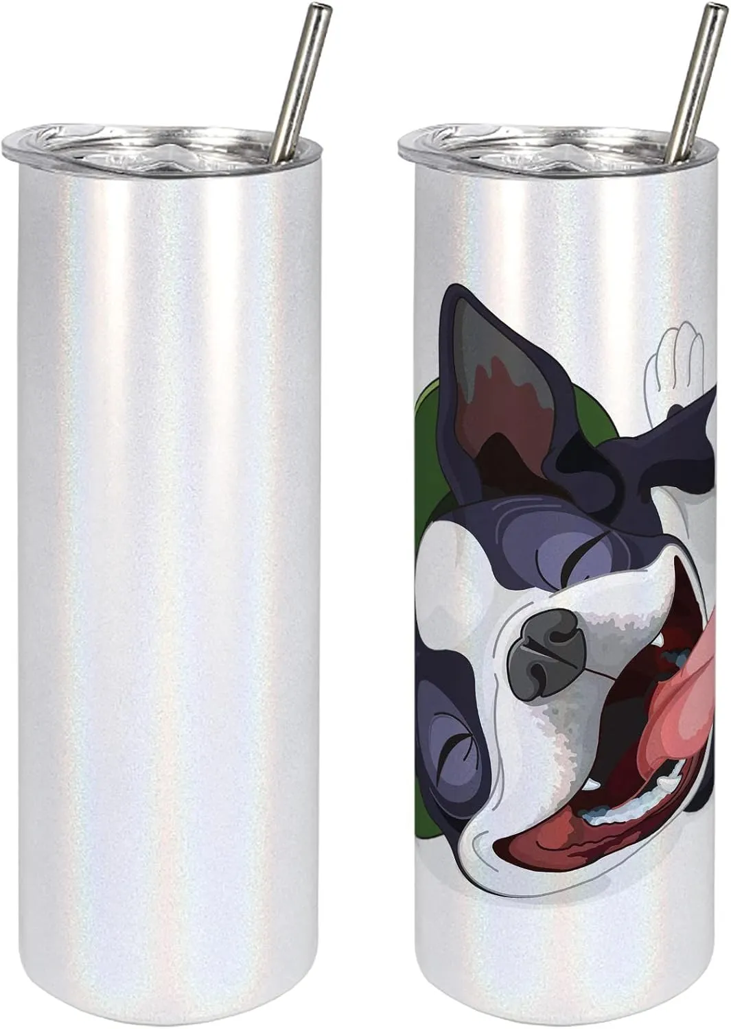 Ambesonne Boston Terrier 20 Oz Skinny Tumbler, Cheerful Happy Terrier Breed with Green Hat Rolling Around and Laughing, Leak-Proof Straw Lid and Brush Vacuum Insulated for Outdoor Use, Yellow