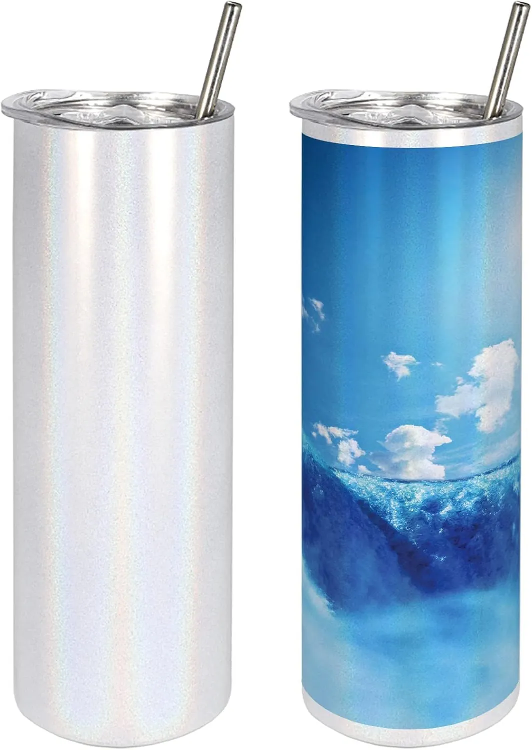 Ambesonne Waterfall 20 Oz Skinny Tumbler, Niagara Falls and Clear Sky Landscape Image Majestic River Nature Theme Print, Leak-Proof Straw Lid and Brush Vacuum Insulated for Outdoor Use, Blue