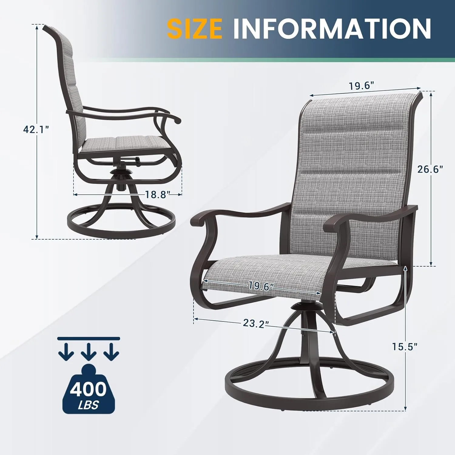 Amopatio Padded Patio Swivel Chairs Set of 2, Outdoor Dining Chairs with Ultra Soft Textilene High Back Seat & Metal Rocker Frame, for Backyard Deck Lawn Garden, Light Gray