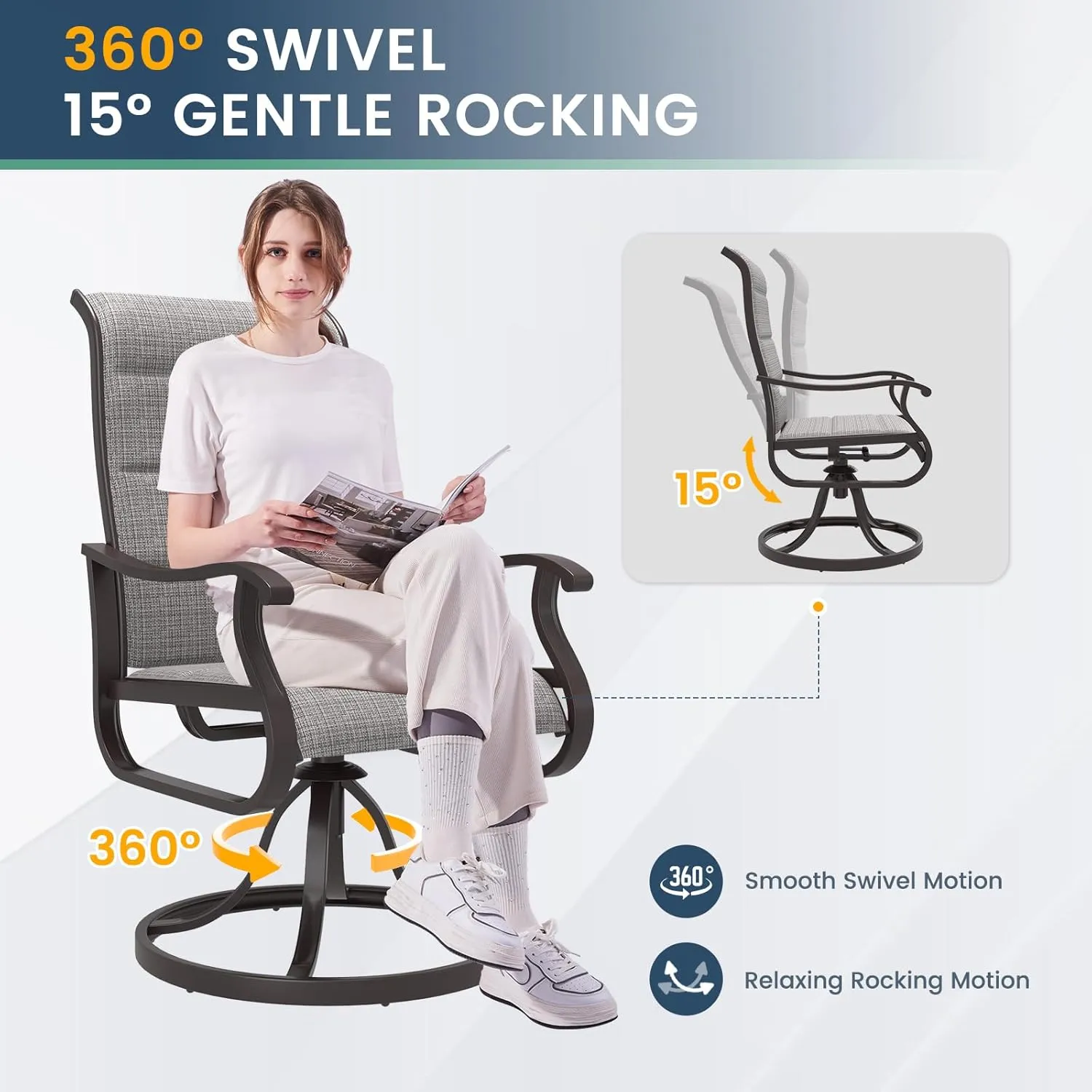 Amopatio Padded Patio Swivel Chairs Set of 2, Outdoor Dining Chairs with Ultra Soft Textilene High Back Seat & Metal Rocker Frame, for Backyard Deck Lawn Garden, Light Gray