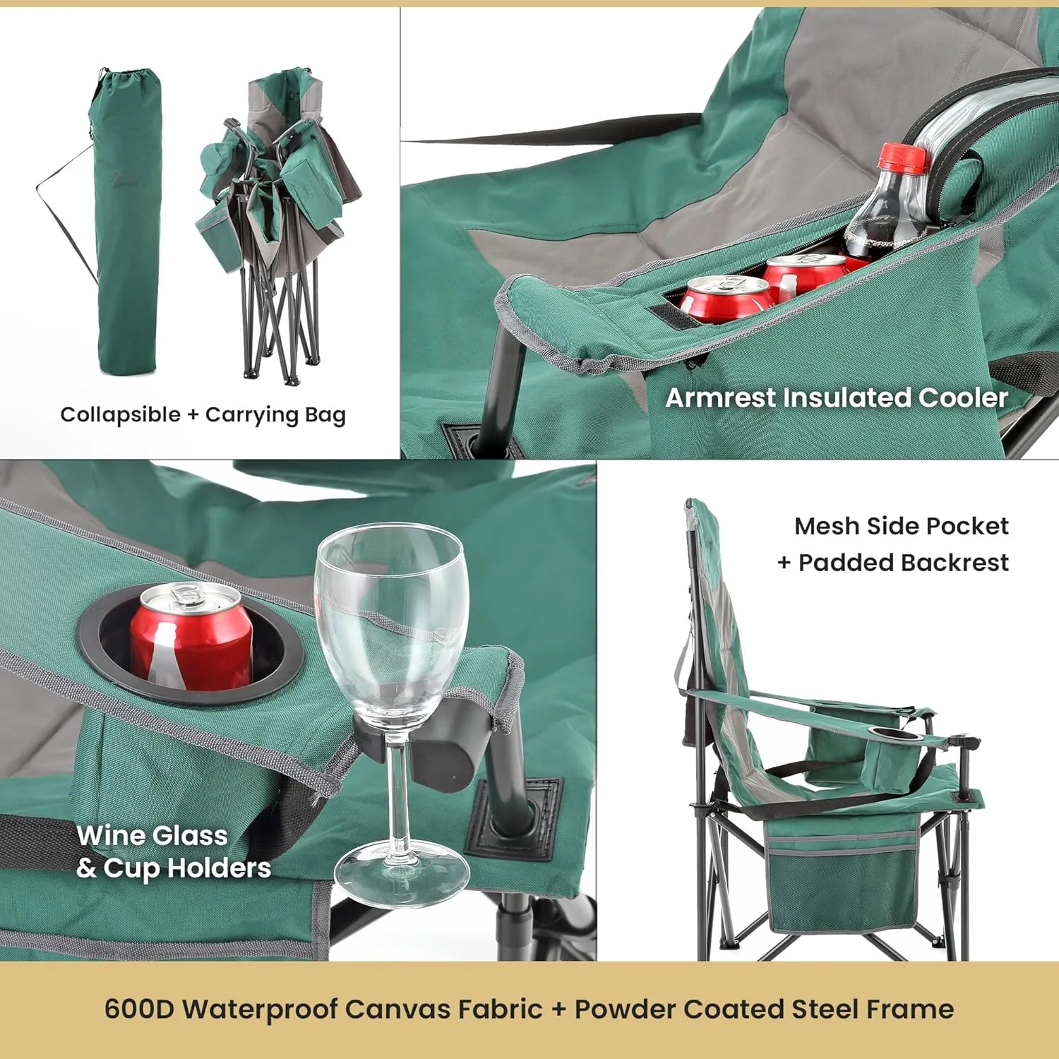 ARROWHEAD OUTDOOR XXL Folding Padded Camping Chair w/Cup & Wine Holder, Armrest Cooler, Support up to 600 lbs, Green