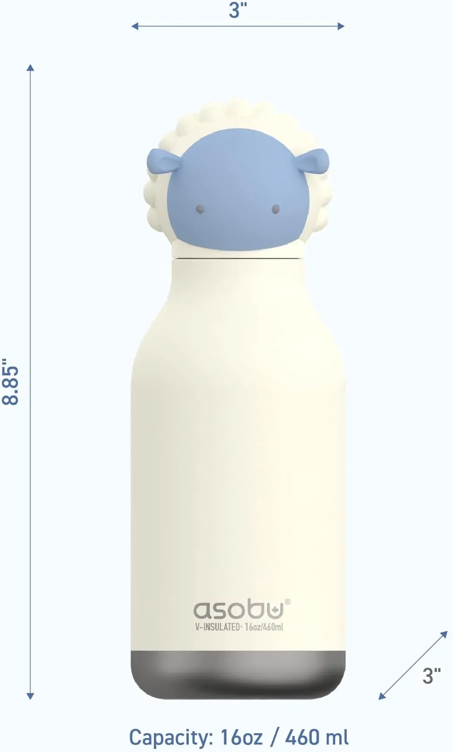 asobu Bestie Bottle Insulated Stainless Steel Water Bottle with Detachable Soft Animal Head Fun Drinking For Kids and Teens with Flexible Reusable Straw 16 Ounce (Sheep)