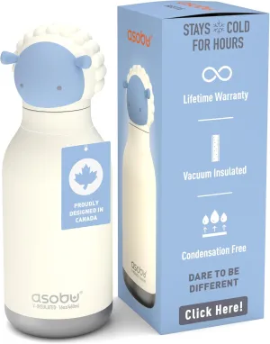 asobu Bestie Bottle Insulated Stainless Steel Water Bottle with Detachable Soft Animal Head Fun Drinking For Kids and Teens with Flexible Reusable Straw 16 Ounce (Sheep)