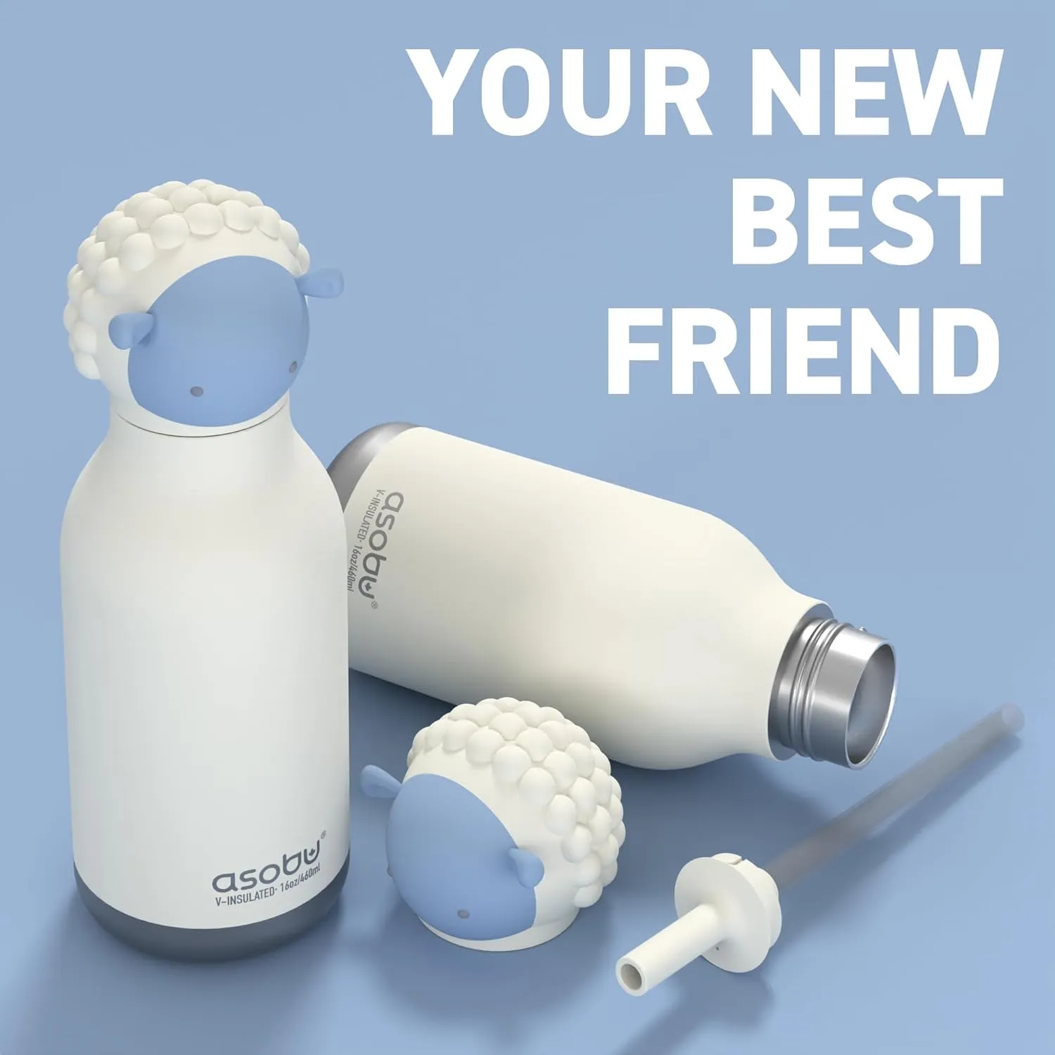 asobu Bestie Bottle Insulated Stainless Steel Water Bottle with Detachable Soft Animal Head Fun Drinking For Kids and Teens with Flexible Reusable Straw 16 Ounce (Sheep)