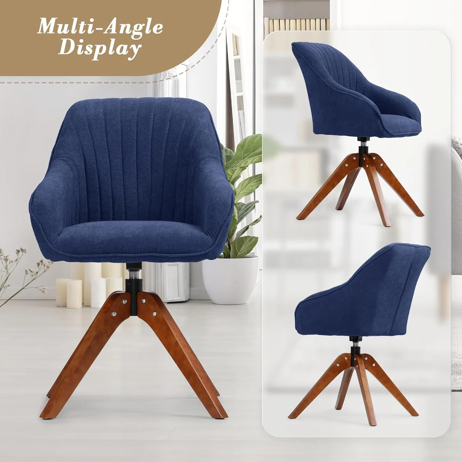 Athena Collection Swivel Modern Accent Chair, Linen Upholstered Armchair Office Desk Chair No Wheels with Wooden Legs, Comfy Vanity Chair Reading Chair for Bedroom Living Room, Navy Blue