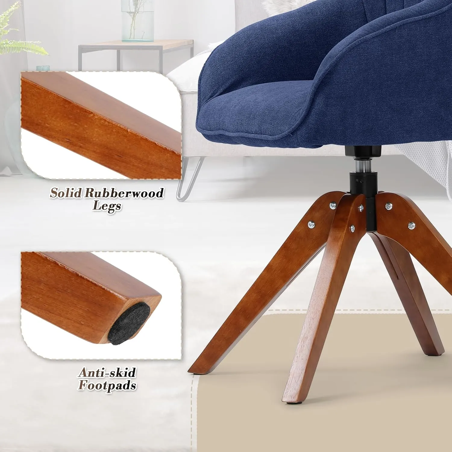 Athena Collection Swivel Modern Accent Chair, Linen Upholstered Armchair Office Desk Chair No Wheels with Wooden Legs, Comfy Vanity Chair Reading Chair for Bedroom Living Room, Navy Blue