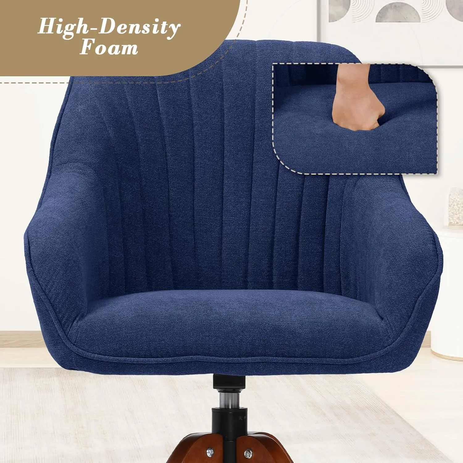 Athena Collection Swivel Modern Accent Chair, Linen Upholstered Armchair Office Desk Chair No Wheels with Wooden Legs, Comfy Vanity Chair Reading Chair for Bedroom Living Room, Navy Blue
