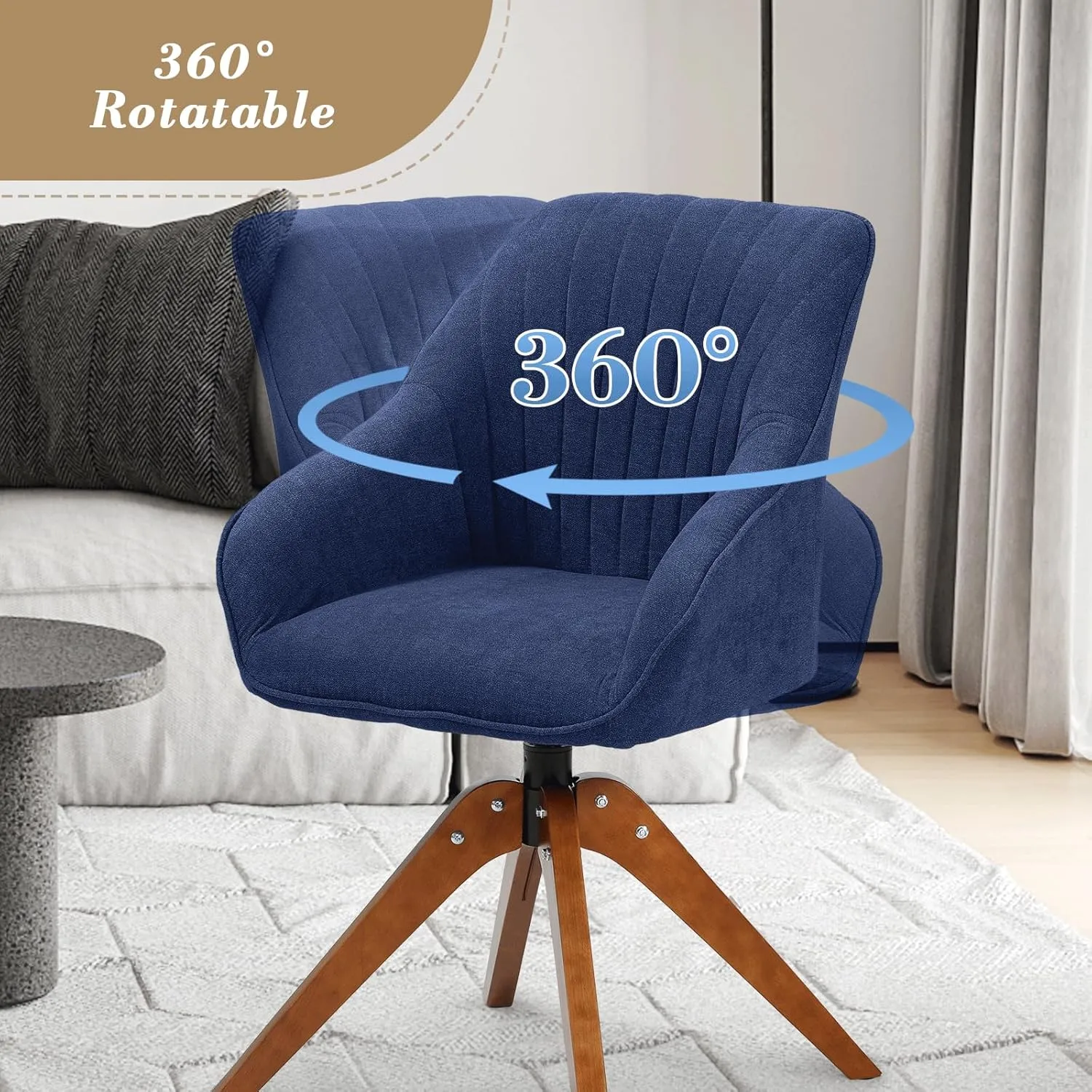 Athena Collection Swivel Modern Accent Chair, Linen Upholstered Armchair Office Desk Chair No Wheels with Wooden Legs, Comfy Vanity Chair Reading Chair for Bedroom Living Room, Navy Blue