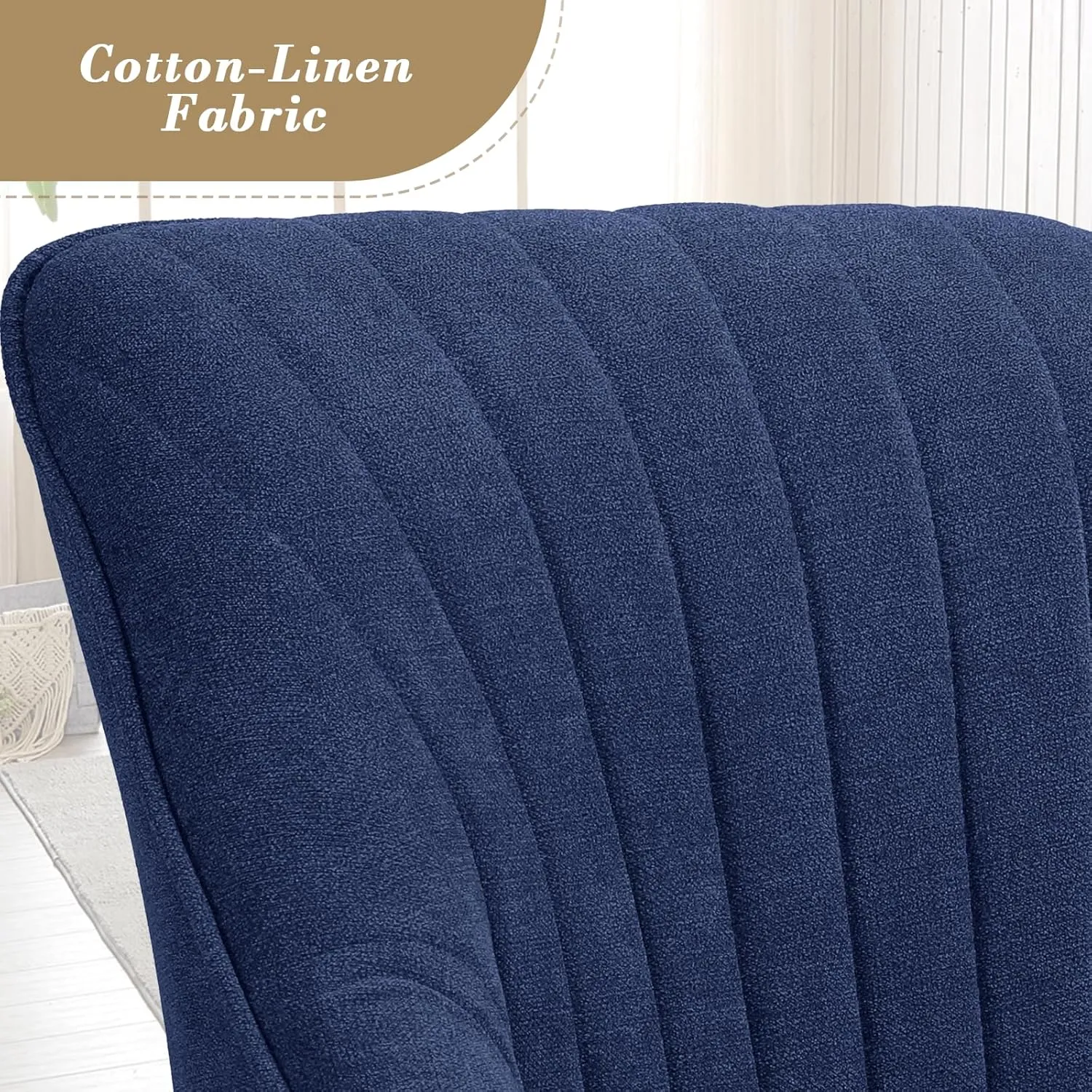 Athena Collection Swivel Modern Accent Chair, Linen Upholstered Armchair Office Desk Chair No Wheels with Wooden Legs, Comfy Vanity Chair Reading Chair for Bedroom Living Room, Navy Blue