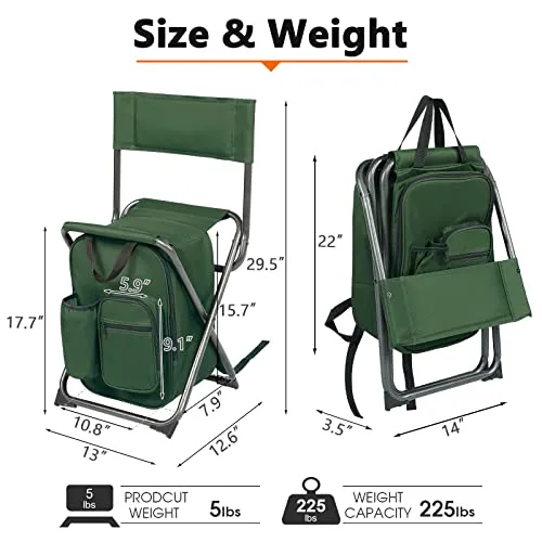 Backpack Cooler Chair Fishing Chairs w/ Backrest,Folding Camping Stool Compact for Outdoors