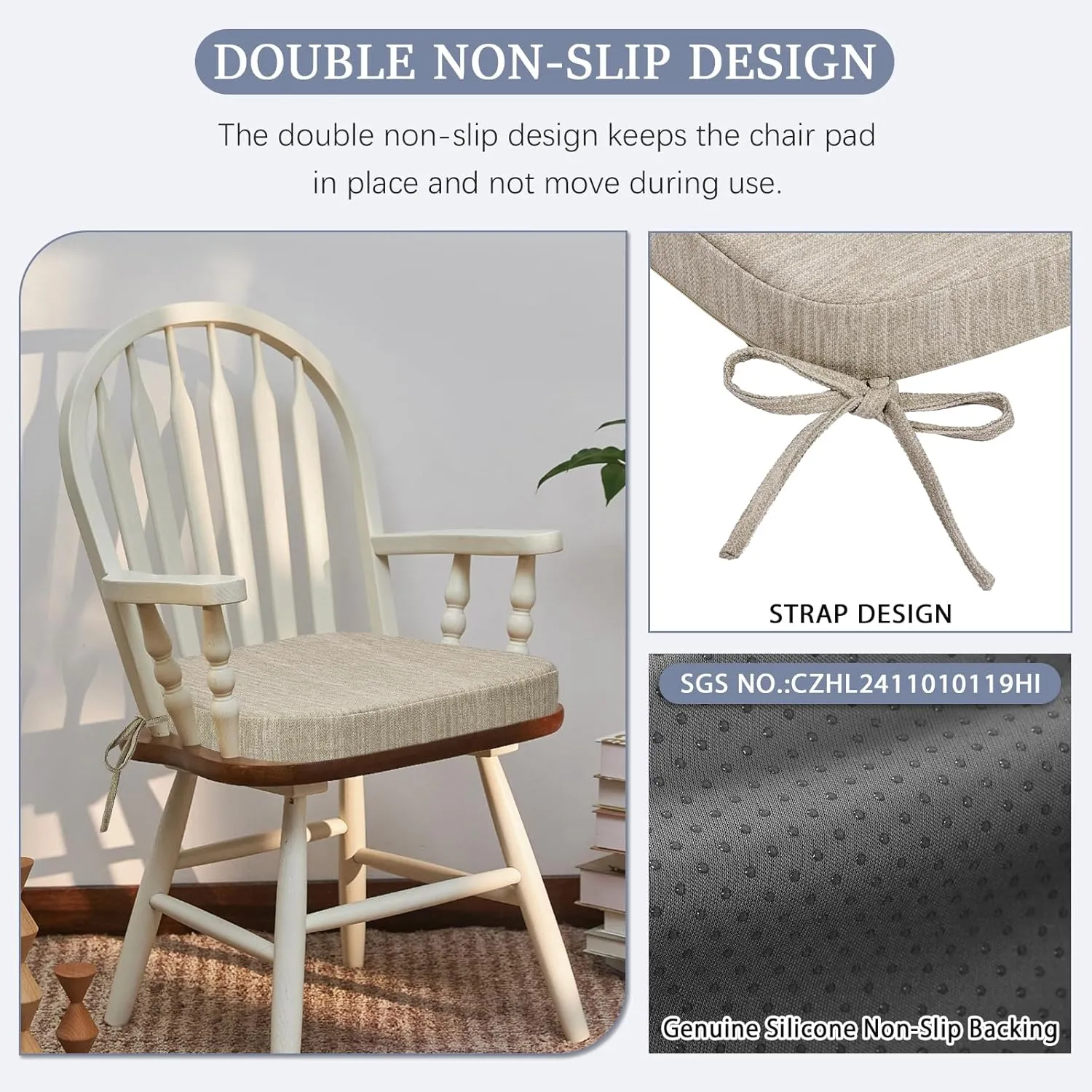 baibu Kitchen Chair Cushions, Dual-Layer Patented Design Molded Memory Foam Dining Chair Pads with Ties and Washable Cover, 17" x 16" x 2", Beige