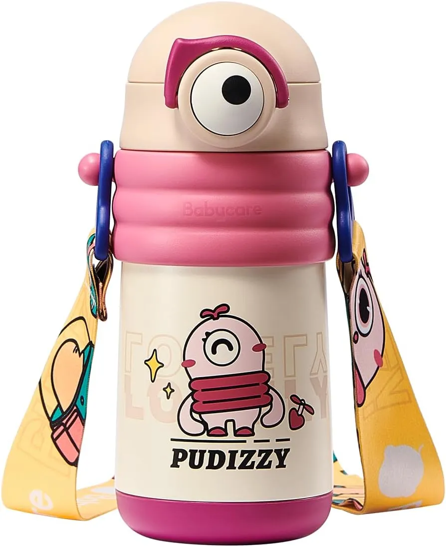 bc babycare Pudi's Kids Insulated Water Bottle, Cute Design Sippy Cup, Triple Lock Leak-Proof, Vacuum Insulation, Shock-Resistant - Perfect for School & Outdoor Adventures, Straw Cups for Toddlers 1-3