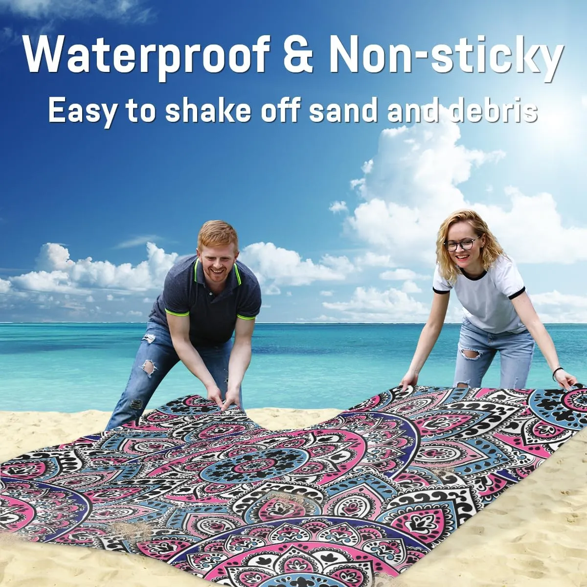 Beach Blanket, Aztec Pattern Sandproof Beach Mat, Waterproof Quick Drying Sand Free Mat with 4 x Ground Spikes for Outdoor Travel Camping Hiking, Aztec 68 x 59 in