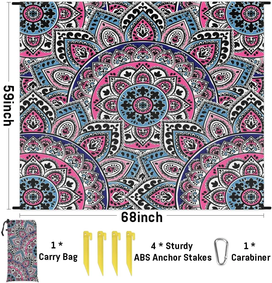 Beach Blanket, Aztec Pattern Sandproof Beach Mat, Waterproof Quick Drying Sand Free Mat with 4 x Ground Spikes for Outdoor Travel Camping Hiking, Aztec 68 x 59 in