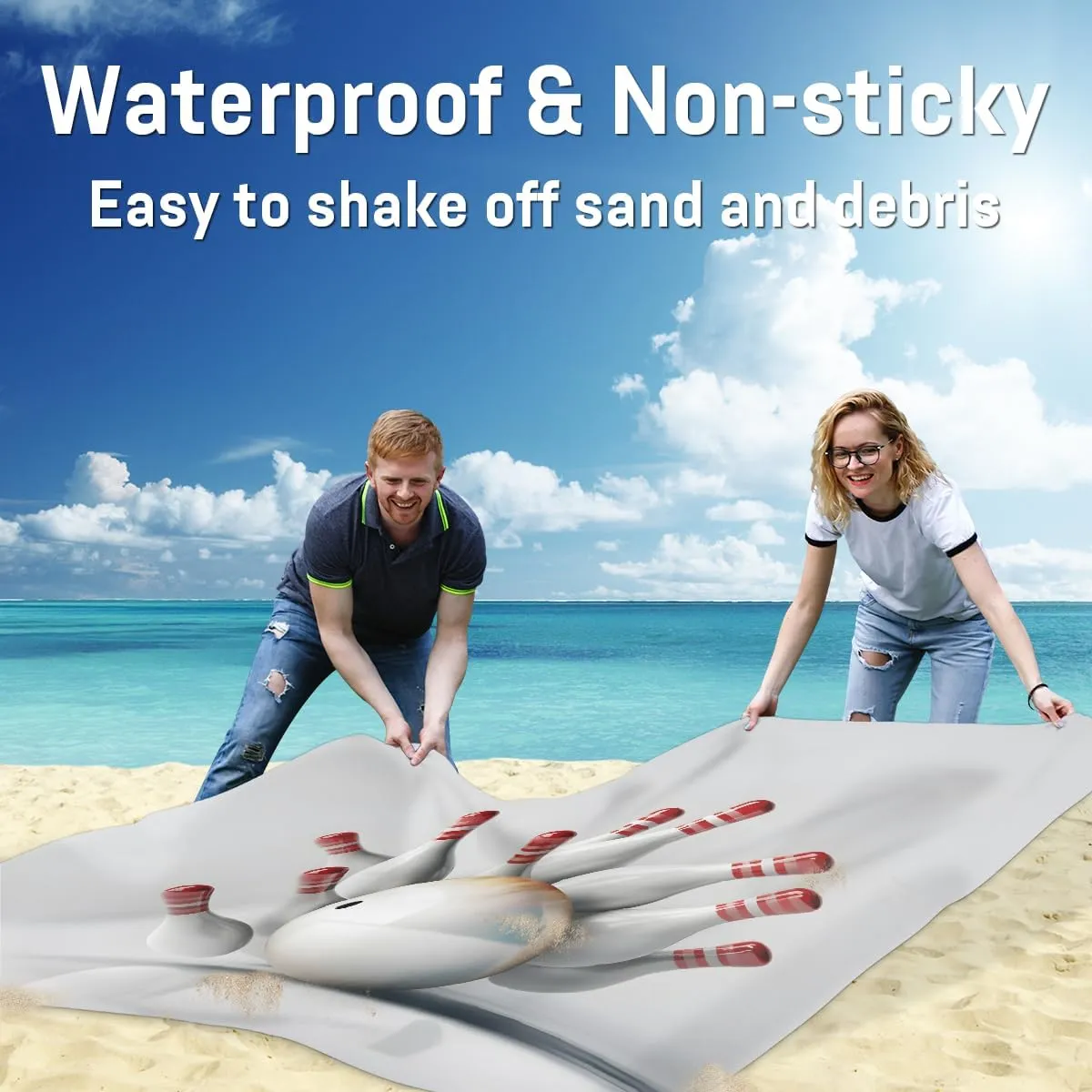 Beach Blanket, Bowling Ball Sandproof Beach Mat, Waterproof Quick Drying Sand Free Mat with 4 x Ground Spikes for Outdoor Travel Camping Hiking, Bowling Sport 68 x 59 in