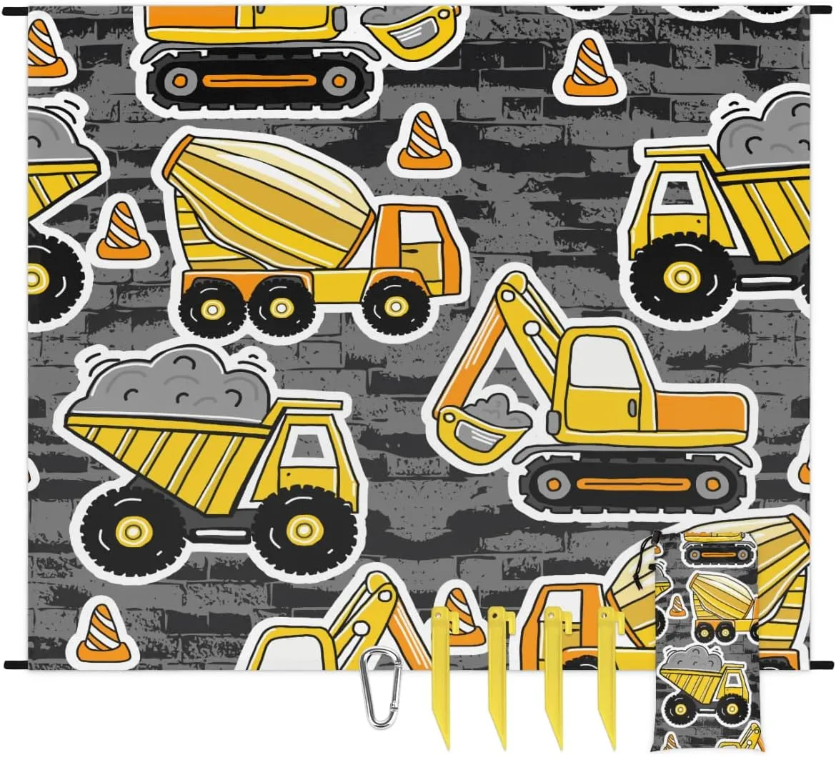 Beach Blanket, Cartoon Truck Sandproof Beach Mat, Waterproof Quick Drying Sand Free Mat with 4 x Ground Spikes for Outdoor Travel Camping Hiking, Construction Cars 68 x 59 in
