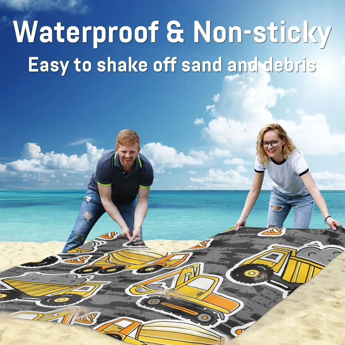Beach Blanket, Cartoon Truck Sandproof Beach Mat, Waterproof Quick Drying Sand Free Mat with 4 x Ground Spikes for Outdoor Travel Camping Hiking, Construction Cars 68 x 59 in