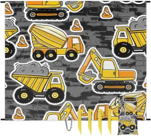 Beach Blanket, Cartoon Truck Sandproof Beach Mat, Waterproof Quick Drying Sand Free Mat with 4 x Ground Spikes for Outdoor Travel Camping Hiking, Construction Cars 68 x 59 in