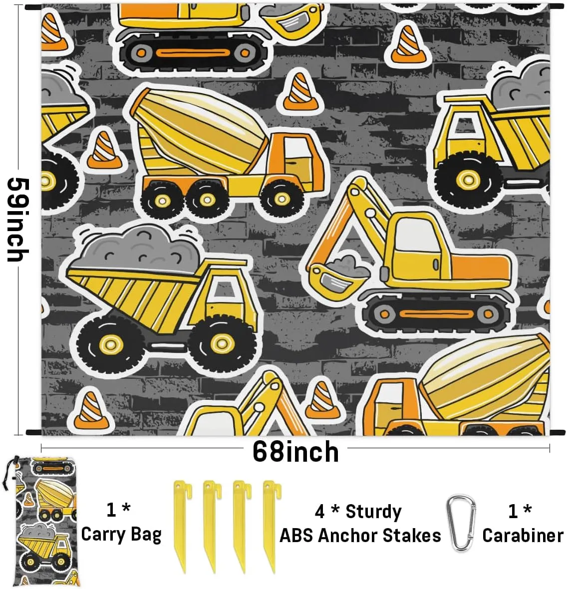 Beach Blanket, Cartoon Truck Sandproof Beach Mat, Waterproof Quick Drying Sand Free Mat with 4 x Ground Spikes for Outdoor Travel Camping Hiking, Construction Cars 68 x 59 in