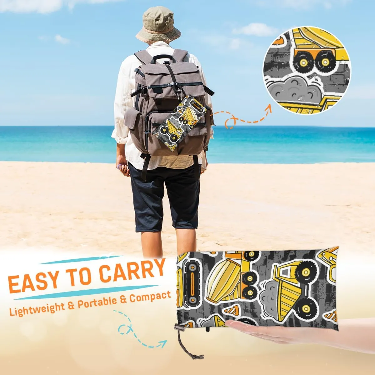 Beach Blanket, Cartoon Truck Sandproof Beach Mat, Waterproof Quick Drying Sand Free Mat with 4 x Ground Spikes for Outdoor Travel Camping Hiking, Construction Cars 68 x 59 in