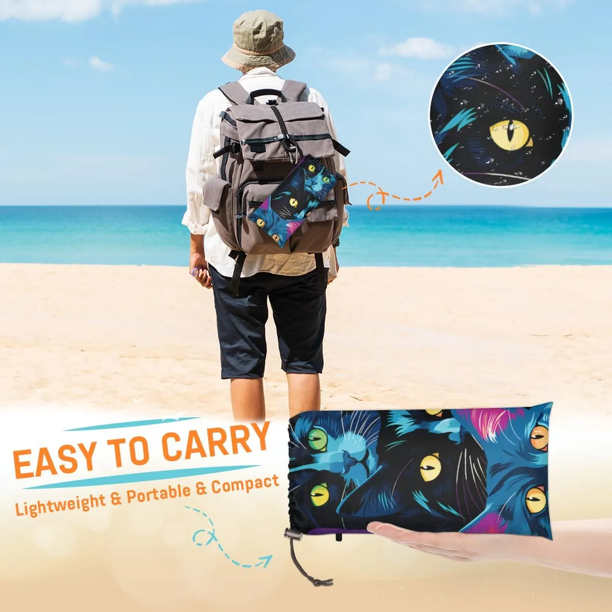 Beach Blanket, Cat Print Sandproof Beach Mat, Waterproof Quick Drying Sand Free Mat with 4 x Ground Spikes for Outdoor Travel Camping Hiking, Colorful Cat 68 x 59 in