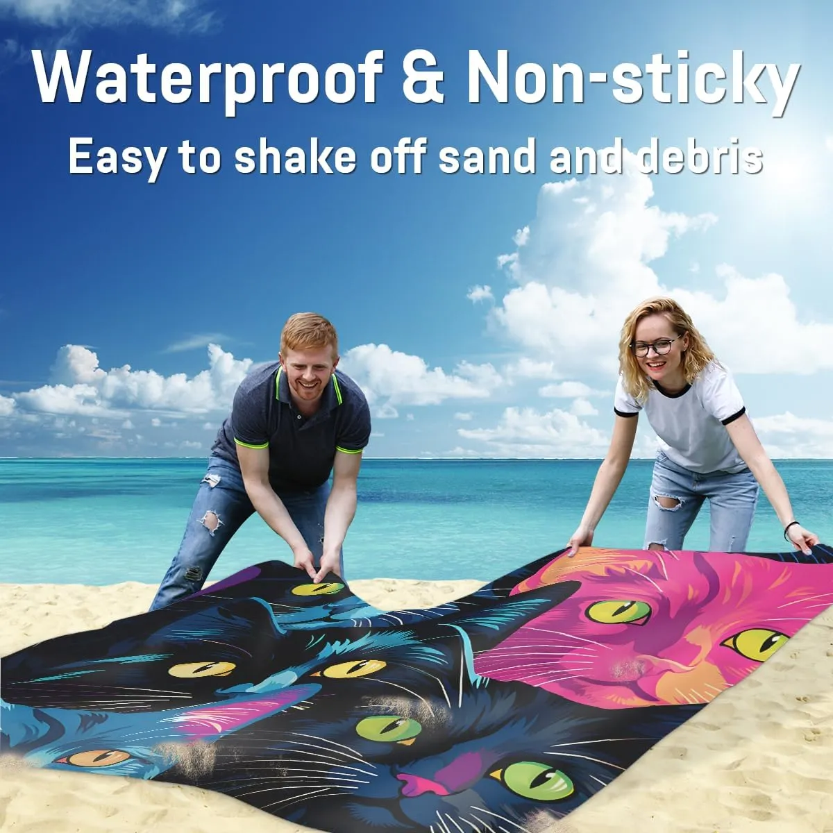 Beach Blanket, Cat Print Sandproof Beach Mat, Waterproof Quick Drying Sand Free Mat with 4 x Ground Spikes for Outdoor Travel Camping Hiking, Colorful Cat 68 x 59 in