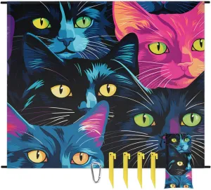 Beach Blanket, Cat Print Sandproof Beach Mat, Waterproof Quick Drying Sand Free Mat with 4 x Ground Spikes for Outdoor Travel Camping Hiking, Colorful Cat 68 x 59 in