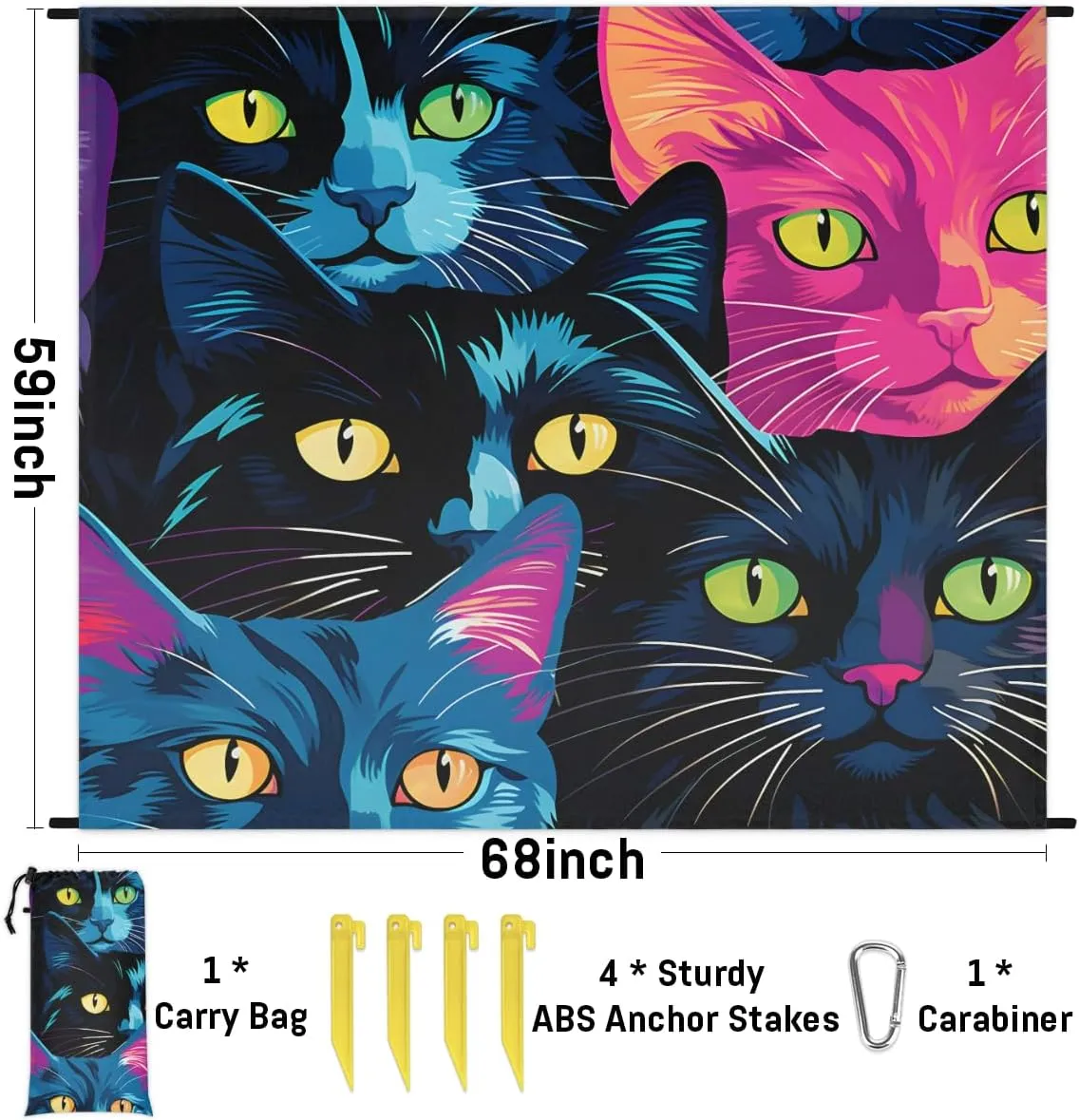 Beach Blanket, Cat Print Sandproof Beach Mat, Waterproof Quick Drying Sand Free Mat with 4 x Ground Spikes for Outdoor Travel Camping Hiking, Colorful Cat 68 x 59 in