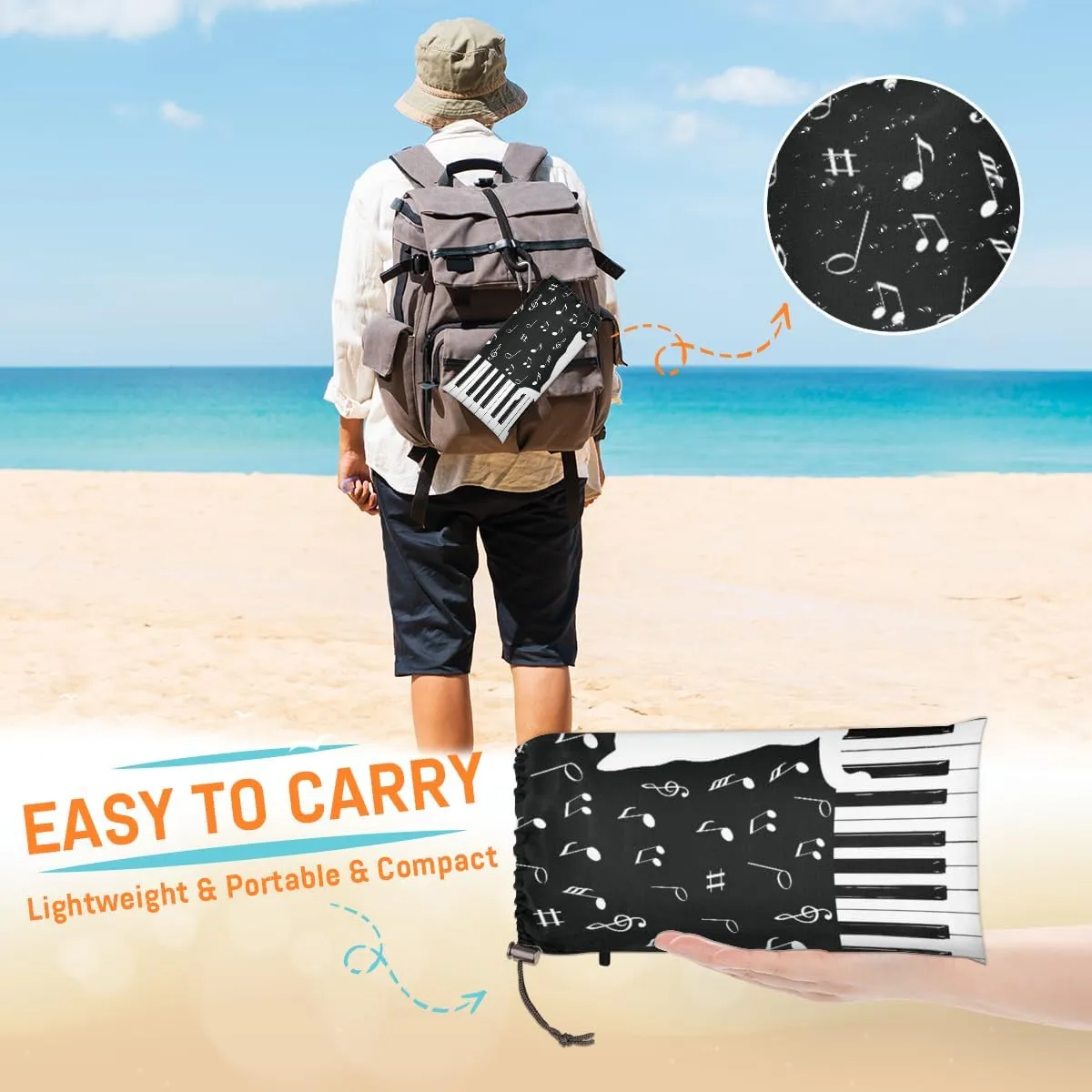 Beach Blanket, Cat Sandproof Beach Mat, Waterproof Quick Drying Sand Free Mat with 4 x Ground Spikes for Outdoor Travel Camping Hiking, Musical Notes 68 x 59 in