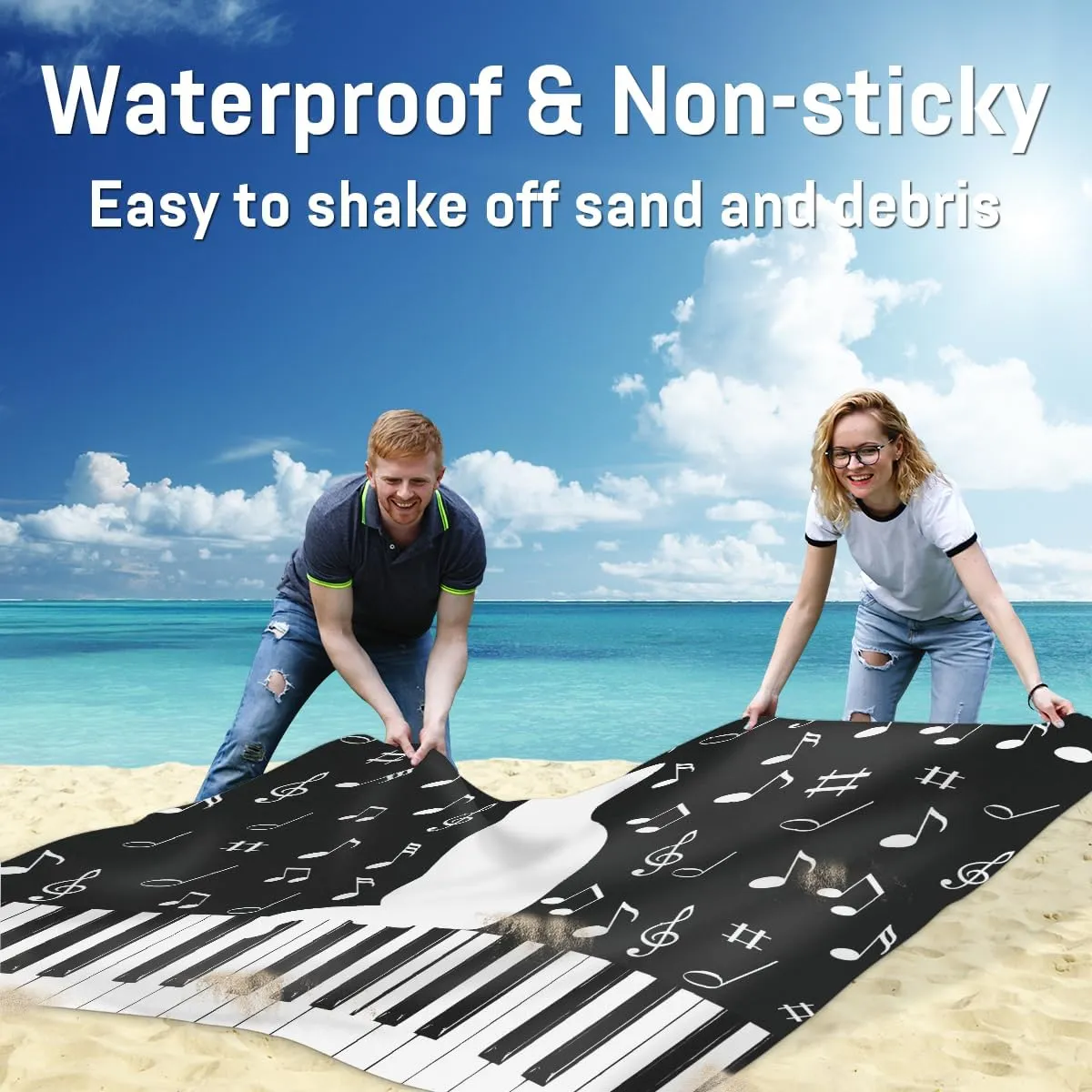 Beach Blanket, Cat Sandproof Beach Mat, Waterproof Quick Drying Sand Free Mat with 4 x Ground Spikes for Outdoor Travel Camping Hiking, Musical Notes 68 x 59 in