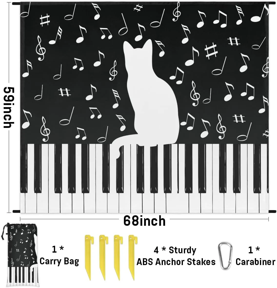 Beach Blanket, Cat Sandproof Beach Mat, Waterproof Quick Drying Sand Free Mat with 4 x Ground Spikes for Outdoor Travel Camping Hiking, Musical Notes 68 x 59 in