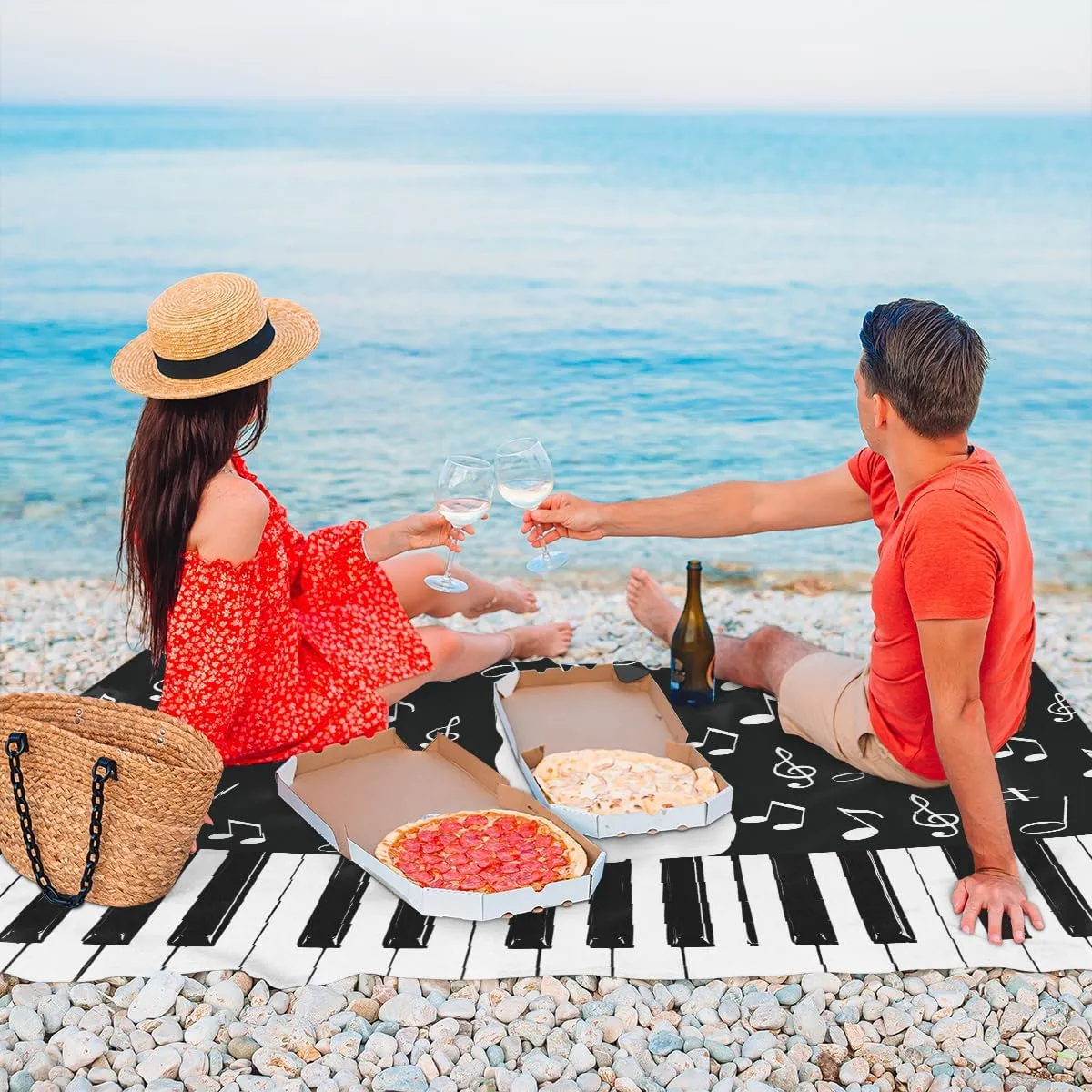 Beach Blanket, Cat Sandproof Beach Mat, Waterproof Quick Drying Sand Free Mat with 4 x Ground Spikes for Outdoor Travel Camping Hiking, Musical Notes 68 x 59 in