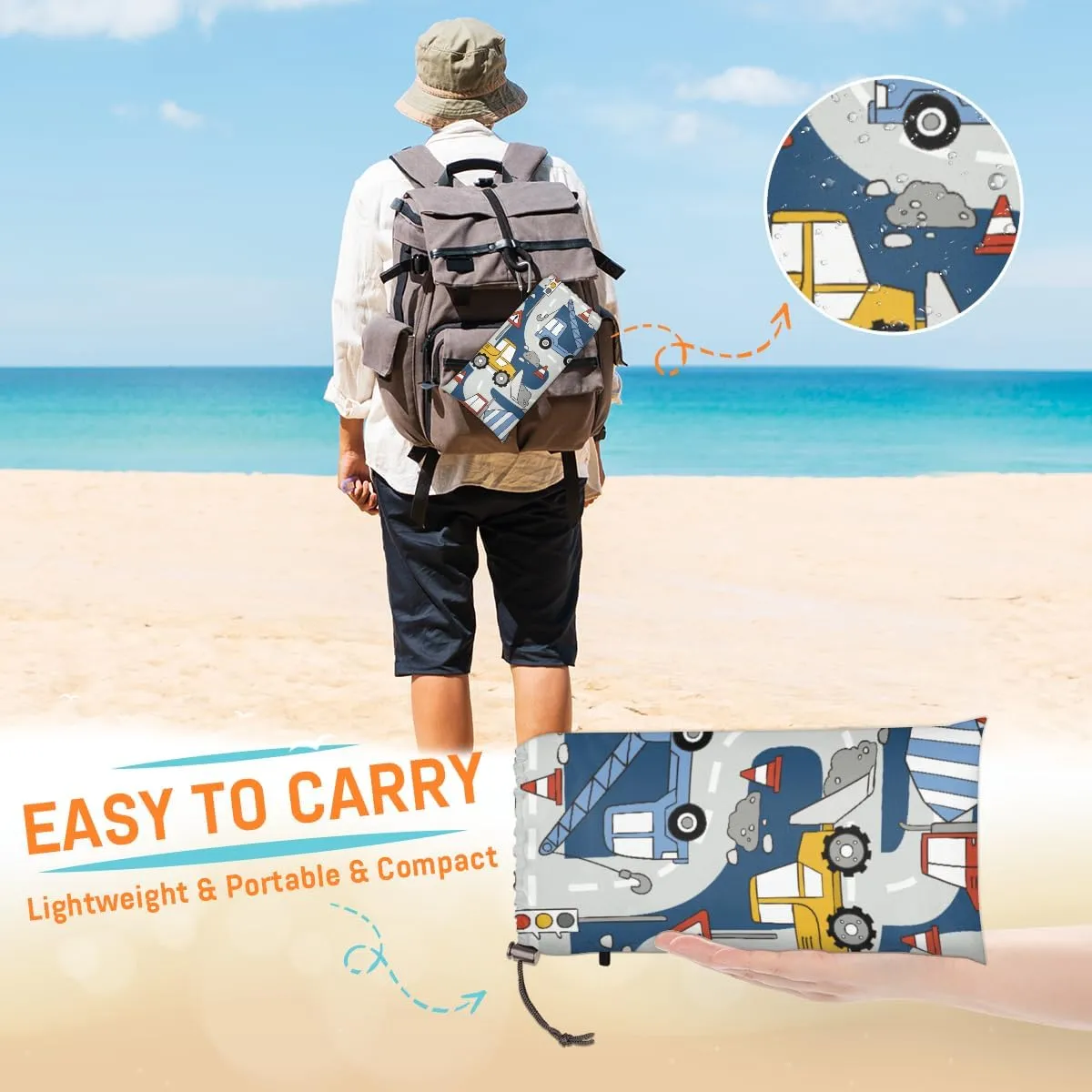 Beach Blanket, Construction Trucks Sandproof Beach Mat, Waterproof Quick Drying Sand Free Mat with 4 x Ground Spikes for Outdoor Travel Camping Hiking, Cartoon Car 68 x 59 in