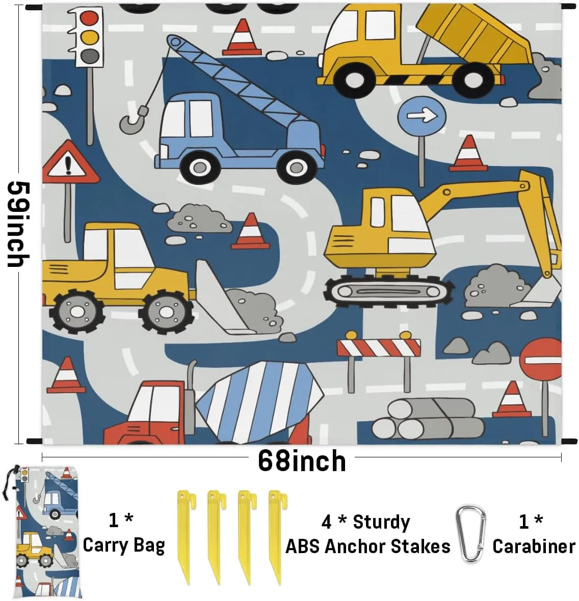 Beach Blanket, Construction Trucks Sandproof Beach Mat, Waterproof Quick Drying Sand Free Mat with 4 x Ground Spikes for Outdoor Travel Camping Hiking, Cartoon Car 68 x 59 in