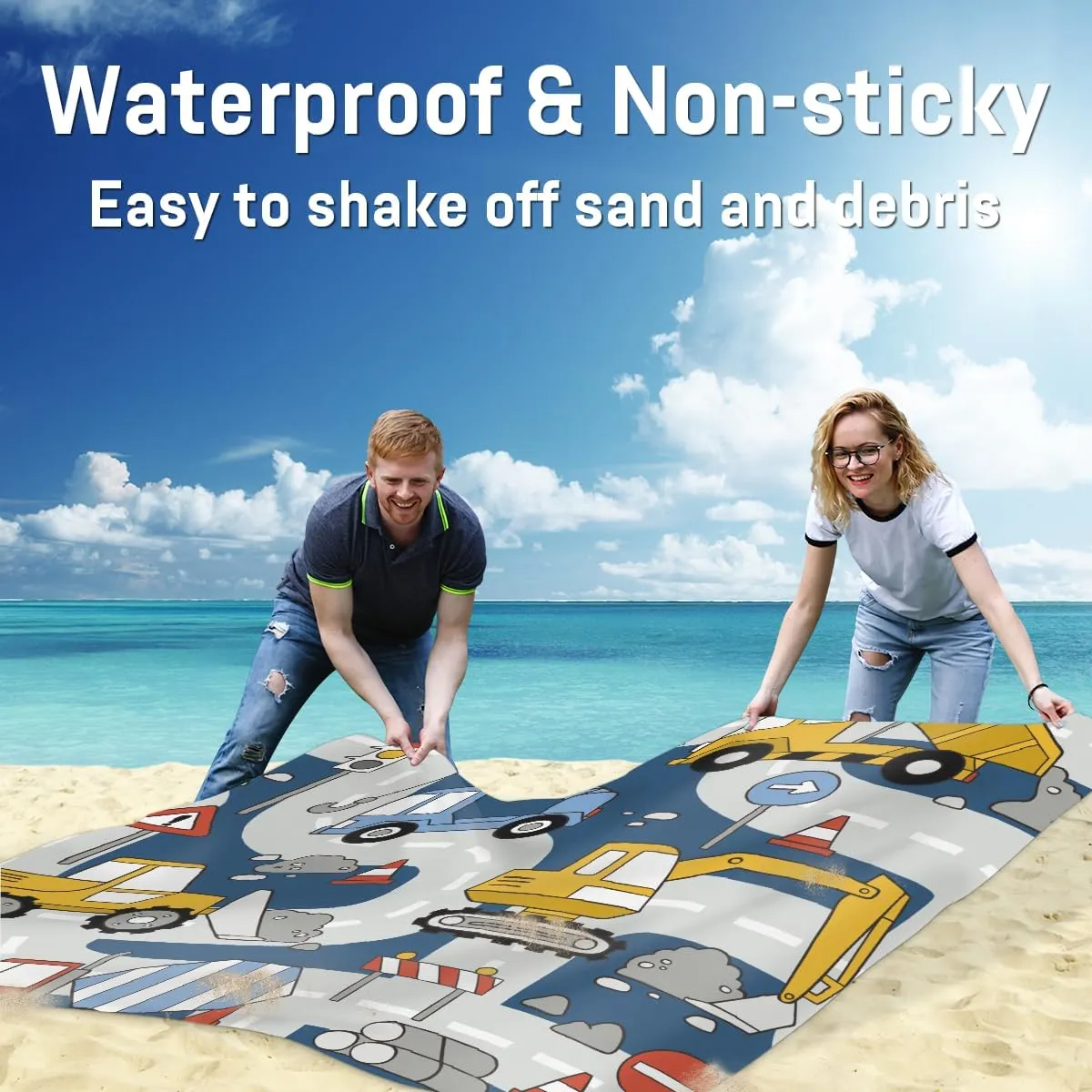 Beach Blanket, Construction Trucks Sandproof Beach Mat, Waterproof Quick Drying Sand Free Mat with 4 x Ground Spikes for Outdoor Travel Camping Hiking, Cartoon Car 68 x 59 in