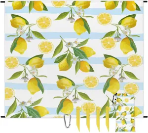 Beach Blanket, Cute Lemon Sandproof Beach Mat, Waterproof Quick Drying Sand Free Mat with 4 x Ground Spikes for Outdoor Travel Camping Hiking, Striped 68 x 59 in