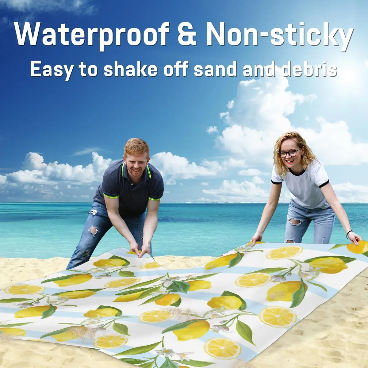 Beach Blanket, Cute Lemon Sandproof Beach Mat, Waterproof Quick Drying Sand Free Mat with 4 x Ground Spikes for Outdoor Travel Camping Hiking, Striped 68 x 59 in