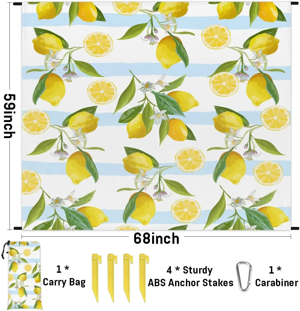 Beach Blanket, Cute Lemon Sandproof Beach Mat, Waterproof Quick Drying Sand Free Mat with 4 x Ground Spikes for Outdoor Travel Camping Hiking, Striped 68 x 59 in