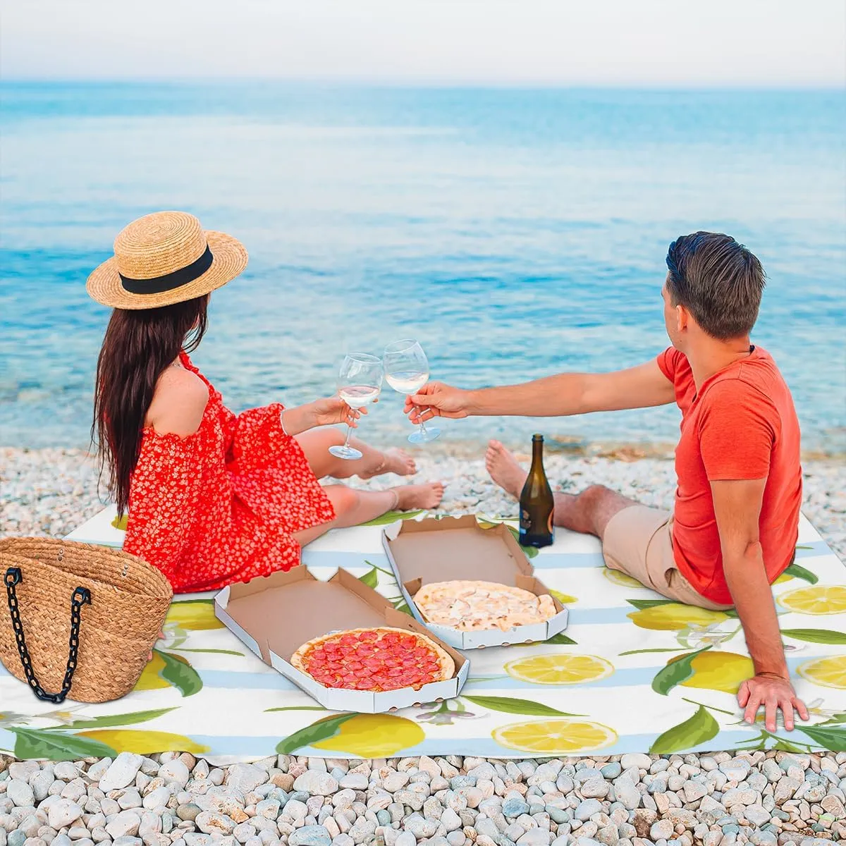 Beach Blanket, Cute Lemon Sandproof Beach Mat, Waterproof Quick Drying Sand Free Mat with 4 x Ground Spikes for Outdoor Travel Camping Hiking, Striped 68 x 59 in