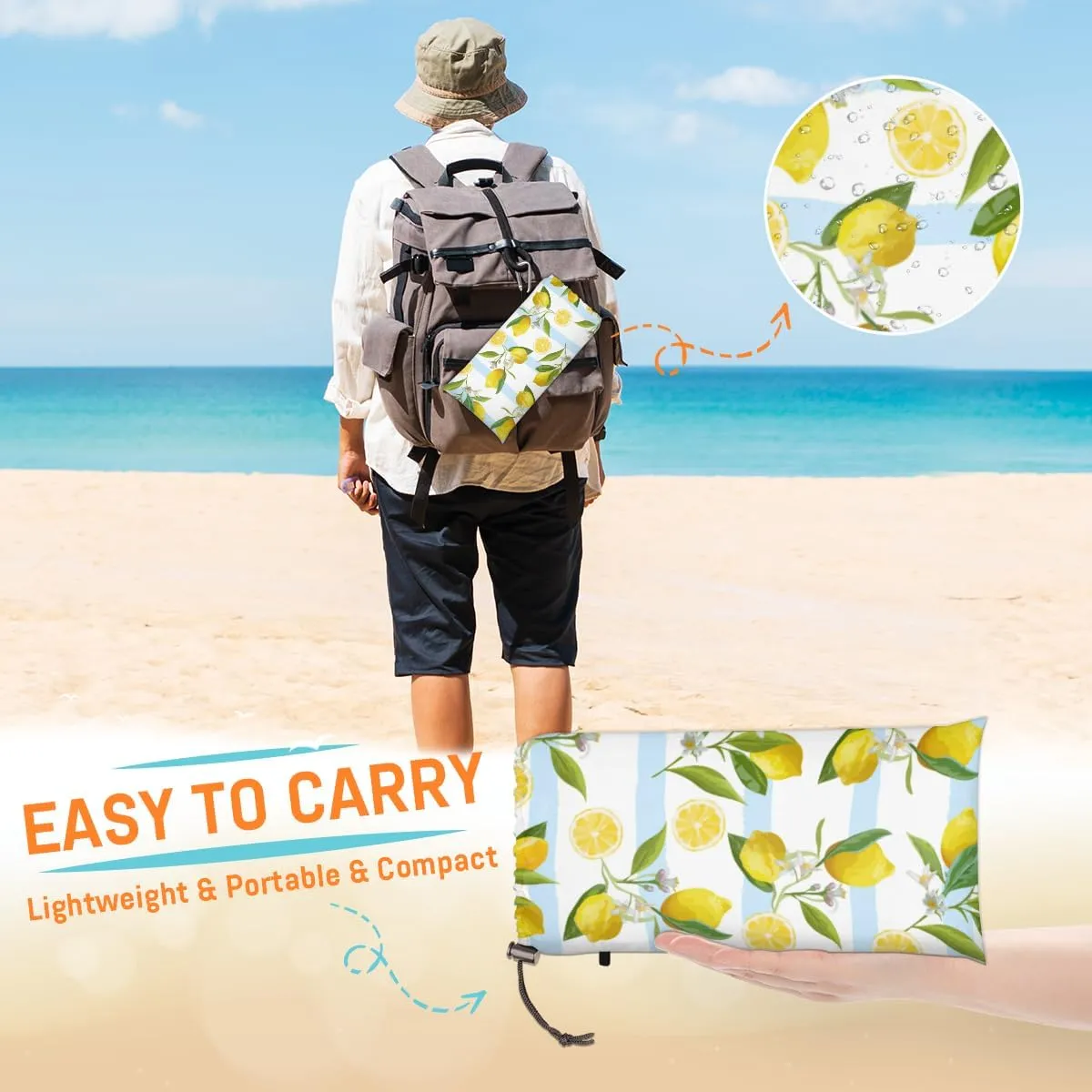 Beach Blanket, Cute Lemon Sandproof Beach Mat, Waterproof Quick Drying Sand Free Mat with 4 x Ground Spikes for Outdoor Travel Camping Hiking, Striped 68 x 59 in