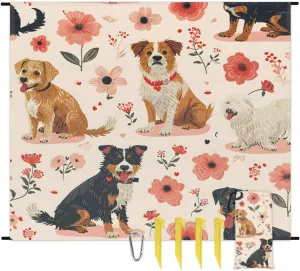 Beach Blanket, Dogs Pattern Sandproof Beach Mat, Waterproof Quick Drying Sand Free Mat with 4 x Ground Spikes for Outdoor Travel Camping Hiking, Dogs Flowers 68 x 59 in