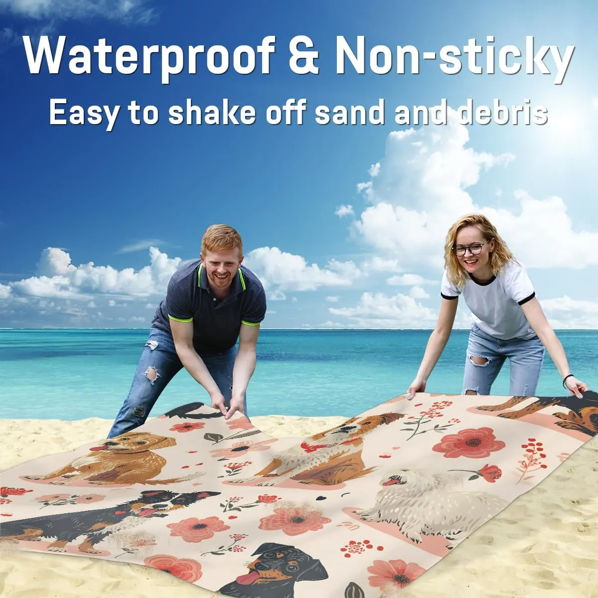 Beach Blanket, Dogs Pattern Sandproof Beach Mat, Waterproof Quick Drying Sand Free Mat with 4 x Ground Spikes for Outdoor Travel Camping Hiking, Dogs Flowers 68 x 59 in