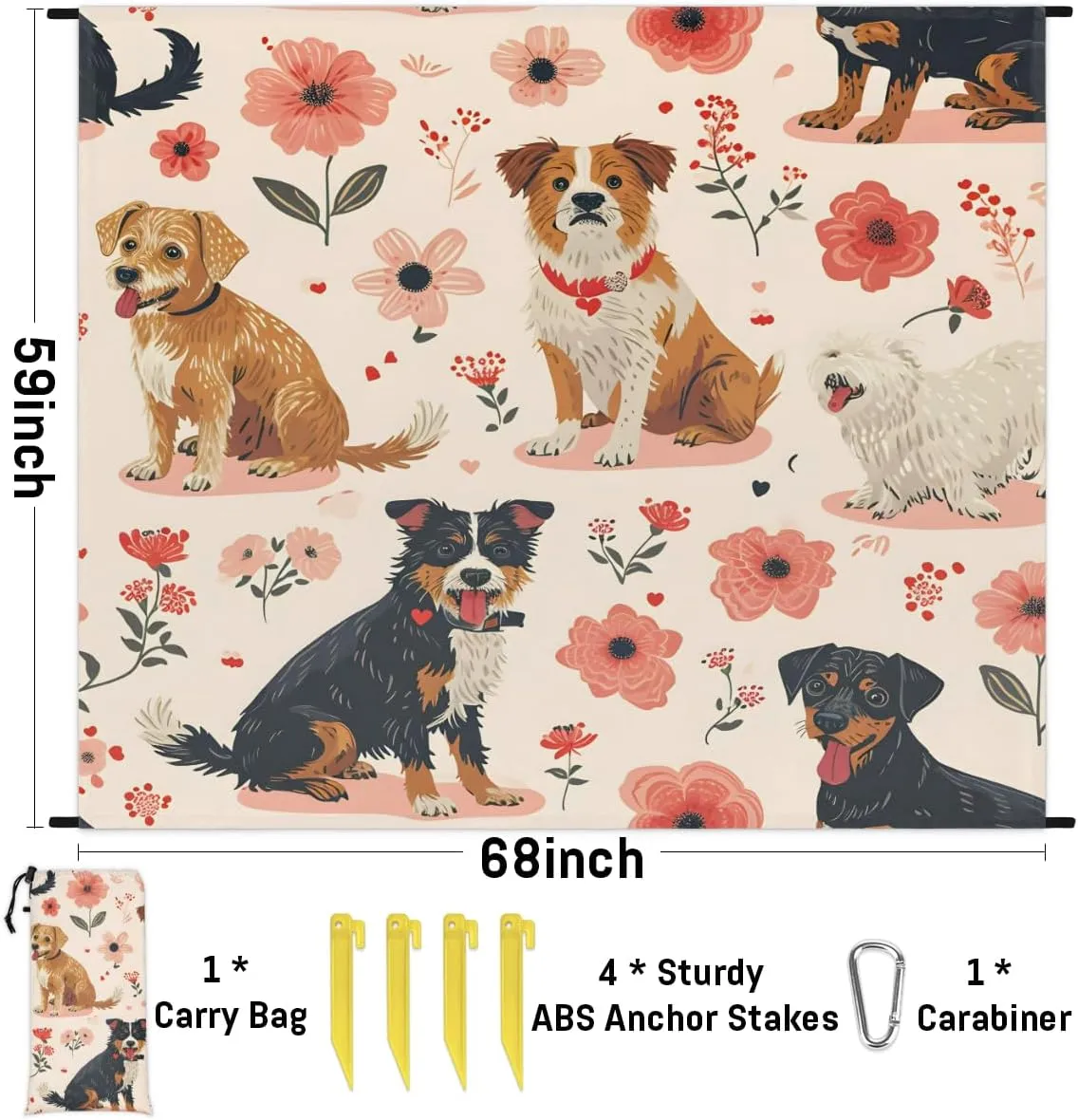 Beach Blanket, Dogs Pattern Sandproof Beach Mat, Waterproof Quick Drying Sand Free Mat with 4 x Ground Spikes for Outdoor Travel Camping Hiking, Dogs Flowers 68 x 59 in
