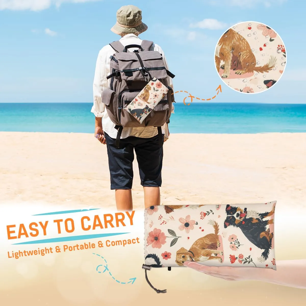 Beach Blanket, Dogs Pattern Sandproof Beach Mat, Waterproof Quick Drying Sand Free Mat with 4 x Ground Spikes for Outdoor Travel Camping Hiking, Dogs Flowers 68 x 59 in