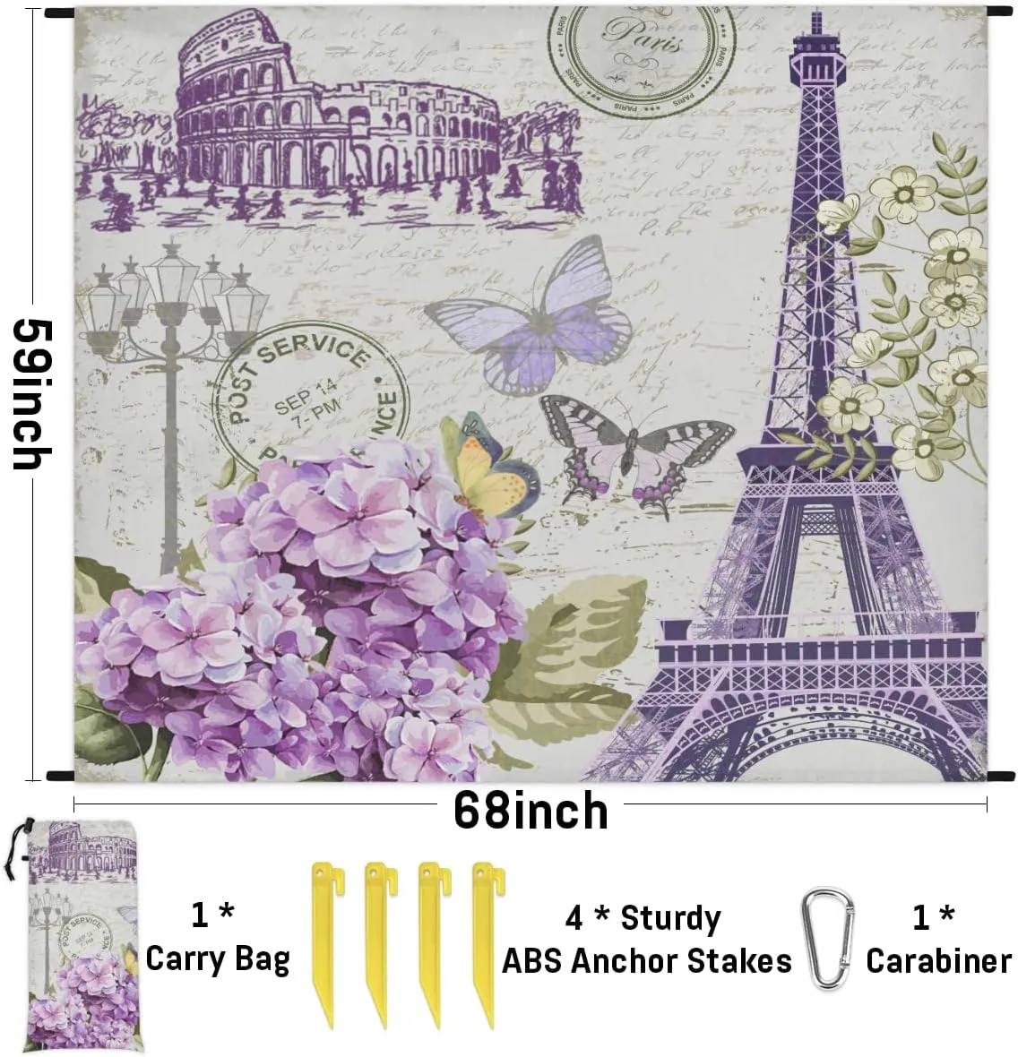 Beach Blanket, Eiffel Tower Sandproof Beach Mat, Waterproof Quick Drying Sand Free Mat with 4 x Ground Spikes for Outdoor Travel Camping Hiking, Paris Theme 68 x 59 in