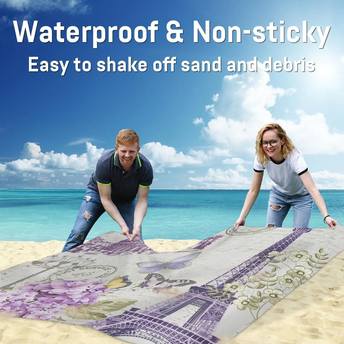 Beach Blanket, Eiffel Tower Sandproof Beach Mat, Waterproof Quick Drying Sand Free Mat with 4 x Ground Spikes for Outdoor Travel Camping Hiking, Paris Theme 68 x 59 in